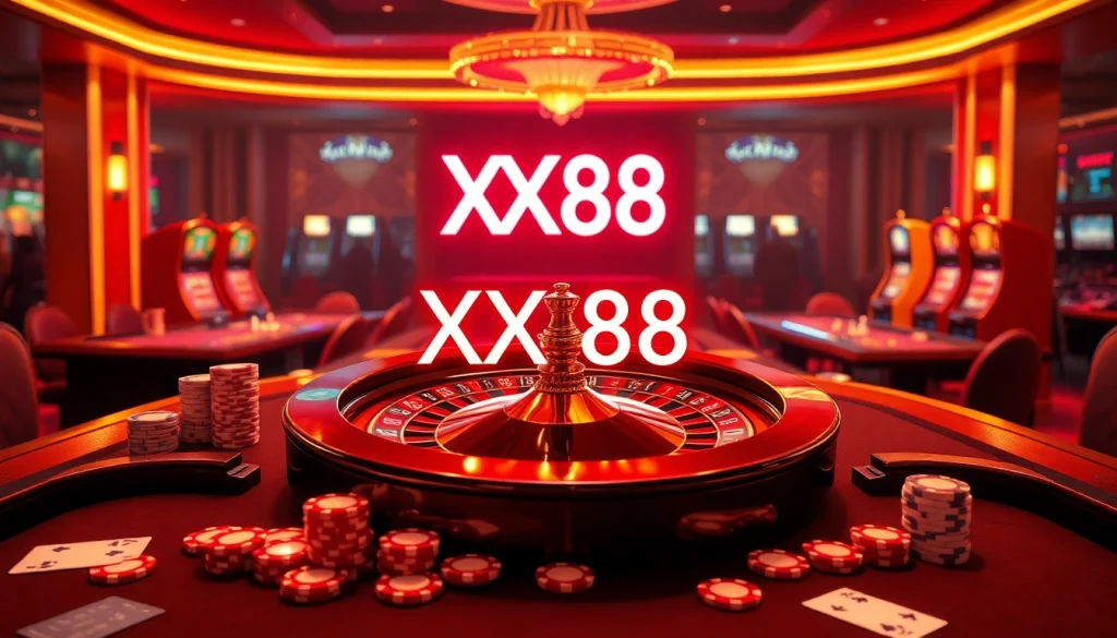 Exciting gambling atmosphere at XX88 casino with roulette, chips, and vibrant gameplay.