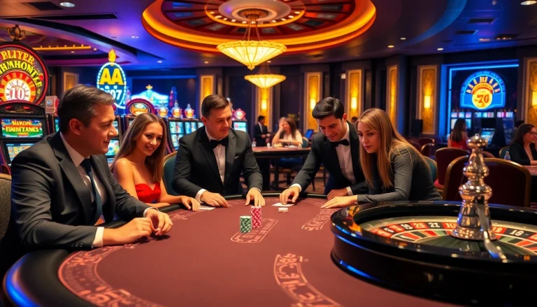 Experience the thrill of FC88 with vibrant poker tables and excited players in a luxurious casino atmosphere.