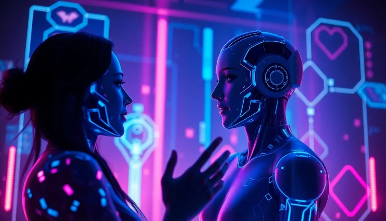 Engaging AI avatars in a futuristic setting representing ai sex with vibrant neon colors and digital elements.