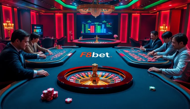 Experience the excitement of F8bet at a luxurious casino gaming table with poker and roulette.