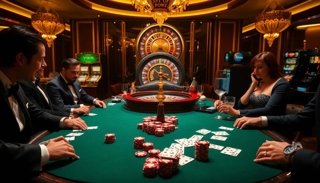 Vipwin casino players engaging at a high-stakes poker table with luxury elements.