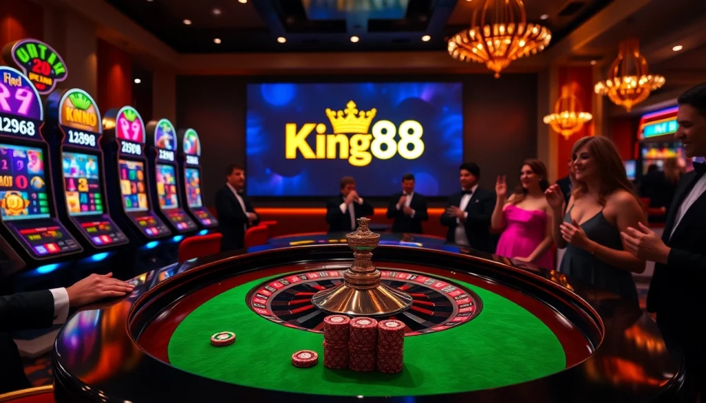 King88 casino players engage at a luxurious roulette table amidst vibrant slot machines.