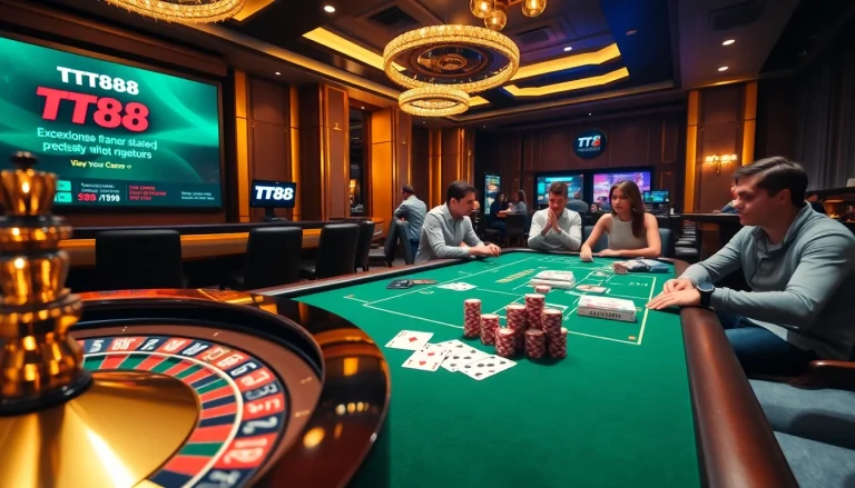 TT88 players engaging in an exciting casino game, surrounded by chips and cards.
