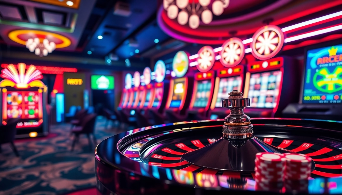 Experience RR88 with vibrant slot machines and a thrilling roulette wheel in a luxurious casino setting.