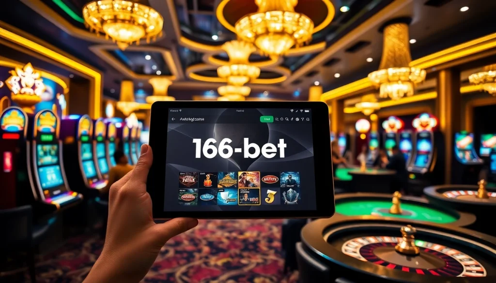 Experience the excitement of the 166bet App with a vibrant casino scene full of gaming tables and slot machines.
