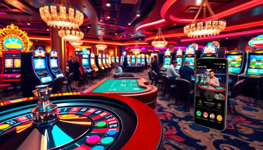 Navigate the S8 mobile app in a dynamic casino scene featuring poker and roulette.
