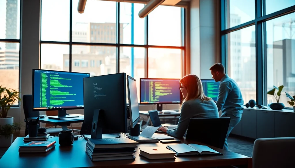 Website development team engaging in collaborative design processes in a modern office.