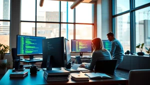 Website development team engaging in collaborative design processes in a modern office.