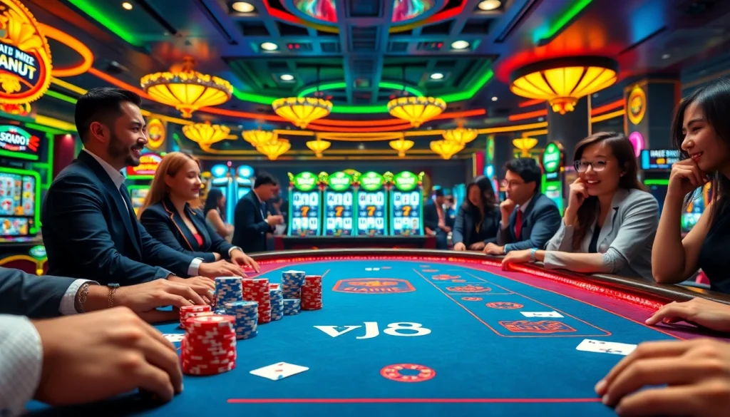 Play at the glamorous VJ88 gambling table with poker chips and cards in a vibrant casino setting.