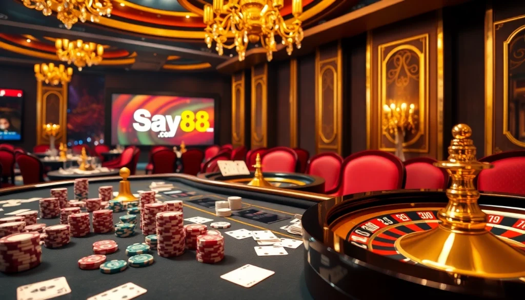 Exciting casino scene featuring say88 com poker chips and cards on a luxurious table.