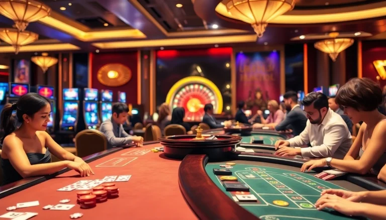 Experience the excitement of Vua99 with players at poker tables and vibrant slot machines.