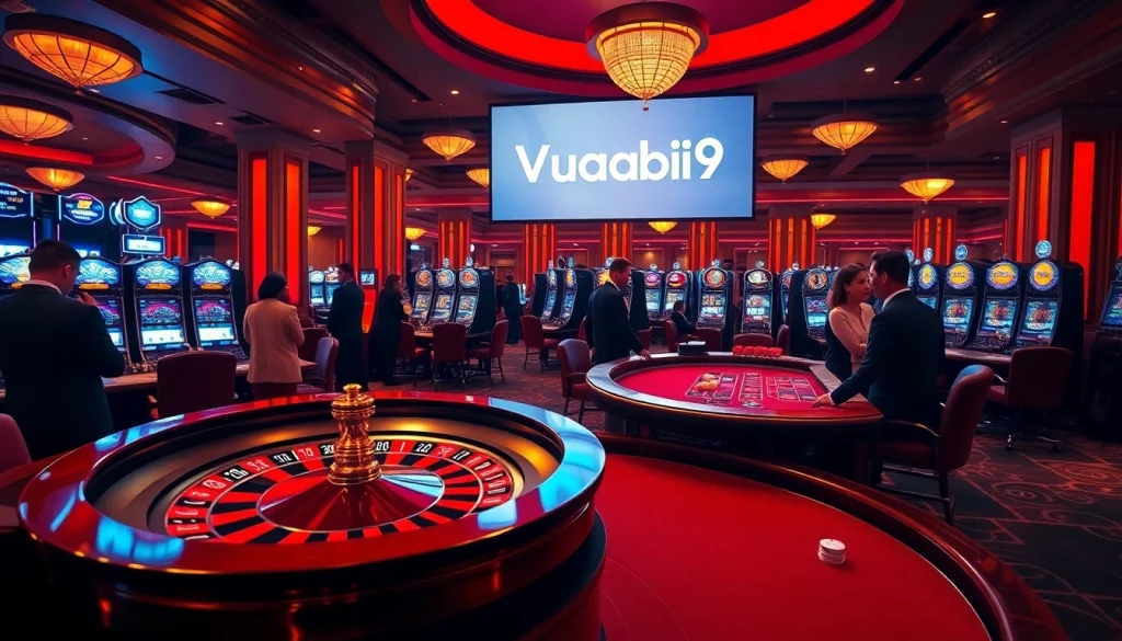 Exciting casino scene featuring Vuabai9 with roulette wheel, poker chips, and slot machines.