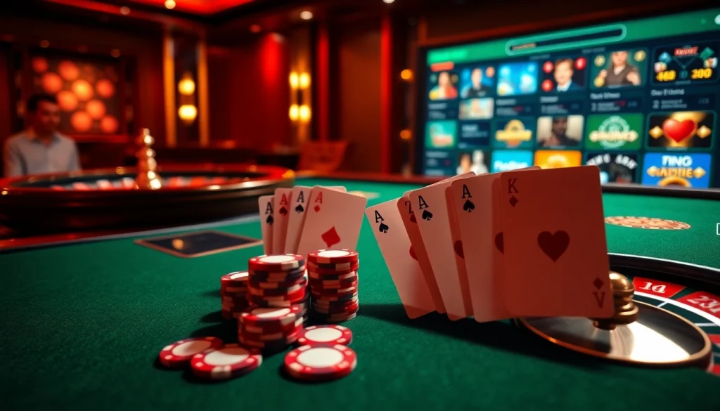 Exciting gaming scene at https://fly88seo.com/ with poker chips, cards, and a roulette wheel.