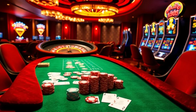 Experience the thrill of RR88 with a vibrant casino scene showcasing poker tables and roulette wheels.