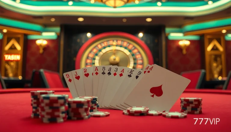 Experience luxury at 777VIP casino with elegant poker tables and a spinning roulette wheel.