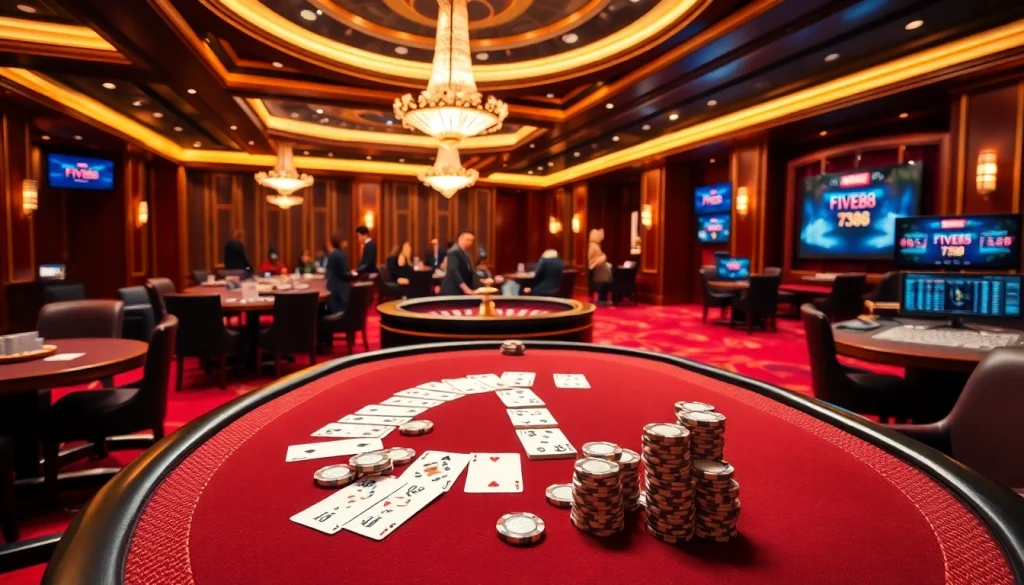 Exciting poker table action at FIVE88 casino featuring vibrant chips and cards