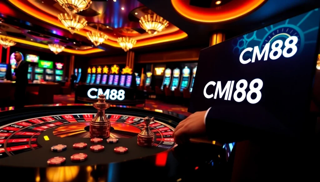 Engaging in thrilling casino games at CM88 with vibrant tables and slot machines.