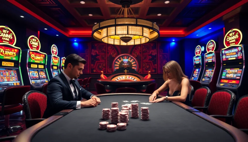 SX88 poker players strategizing at a luxury casino table surrounded by vibrant slot machines.