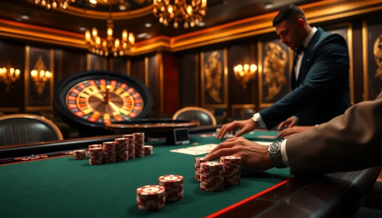 Kp88 casino scene showing a professional poker game with luxurious chips and cards