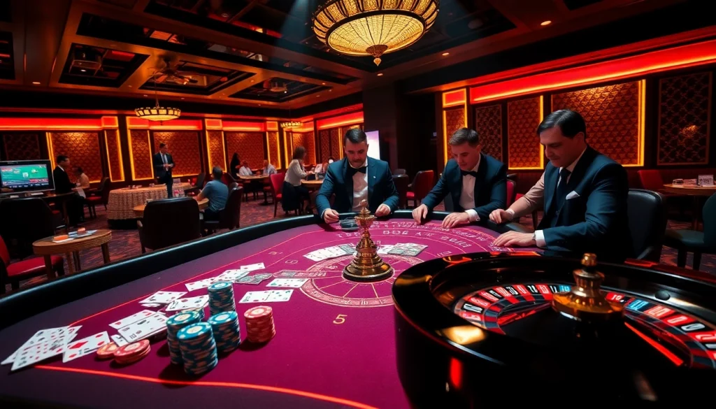 Gamble confidently with nh88 at a high-stakes casino, featuring vibrant tables and engaging players.