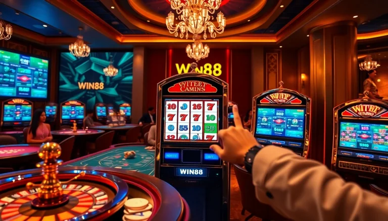 Experience the excitement of win88 nổ hũ with vibrant slot machines and elegant casino decor.