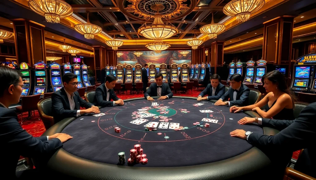 Engaging players place bets on keo nha cai at an elegant casino poker table.