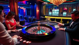 Players engaging in thrilling roulette at Luckywin casino with vibrant colors and elegant decor.