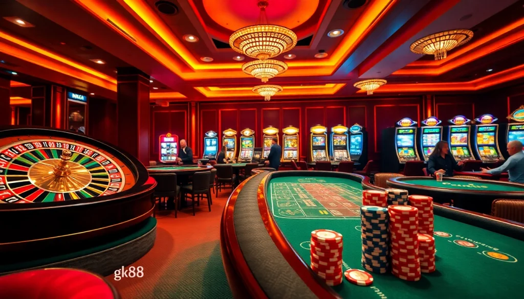 Players enjoying a thrilling gambling experience at a casino table, showcasing gk88 themed poker chips and vibrant atmosphere.