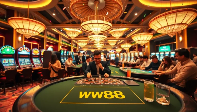 WW88 casino players enjoying a vibrant gaming atmosphere at roulette and slot machines.