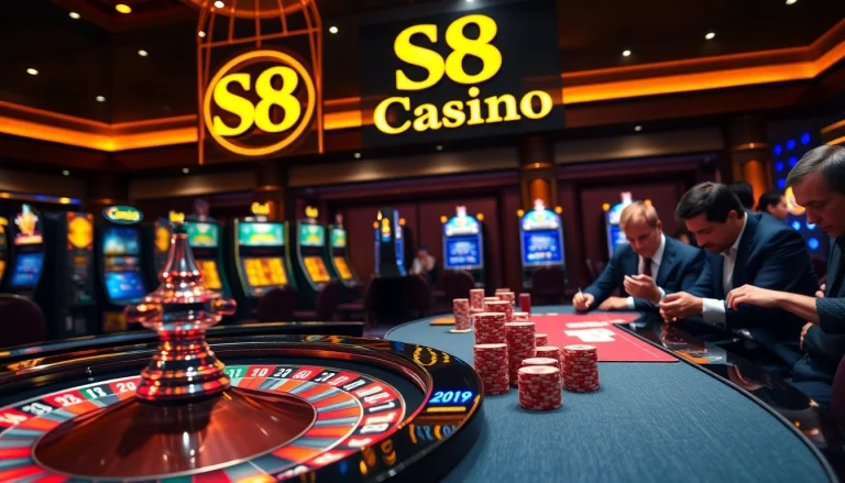 S8 Casino players excitedly engaging at the roulette table under ambient lighting.