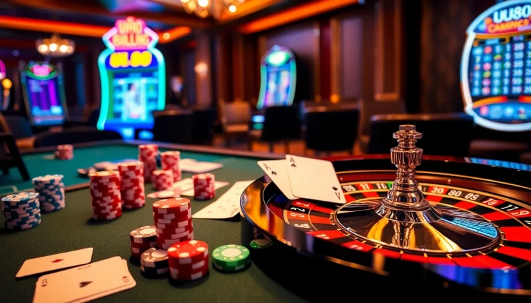 Engaging UU88 players in a sophisticated casino atmosphere with poker chips, cards, and a roulette wheel.