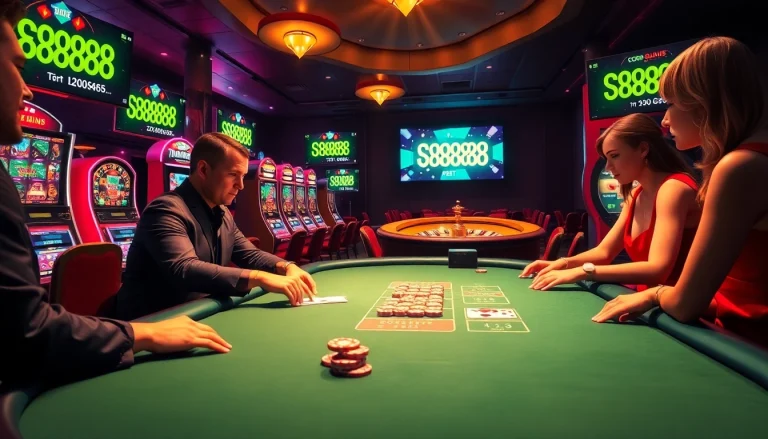 Engaged players at a poker table with Good88 branding in a luxurious casino.