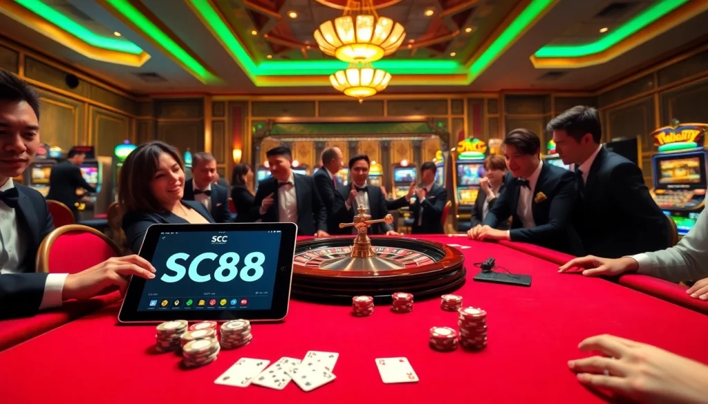 Experience the excitement of SC88 at a luxurious casino gaming table with cards, chips, and a roulette wheel.