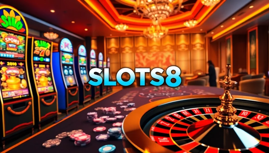 Players celebrating big wins on SLOTS8 vibrant slot machines in a luxury casino.