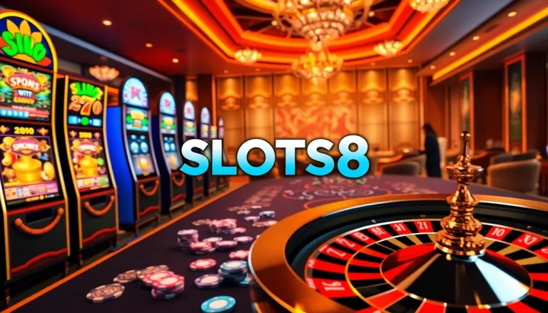 Players celebrating big wins on SLOTS8 vibrant slot machines in a luxury casino.