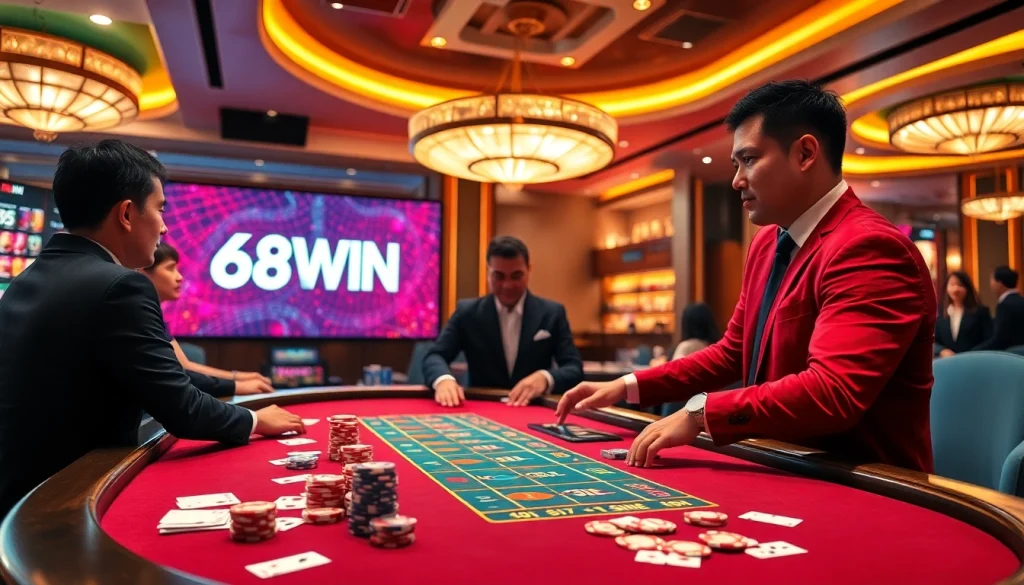Experience high-stakes fun at 68WIN with a live baccarat table and vibrant casino atmosphere.