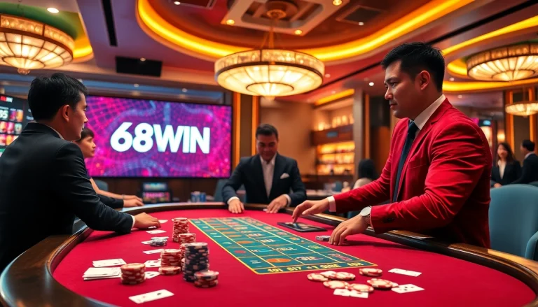 Experience high-stakes fun at 68WIN with a live baccarat table and vibrant casino atmosphere.