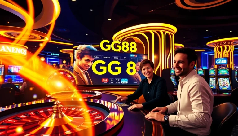 Experience the thrill of gambling with the link vào gg88 showcased in a luxurious casino setting, featuring gaming tables and vibrant screens.