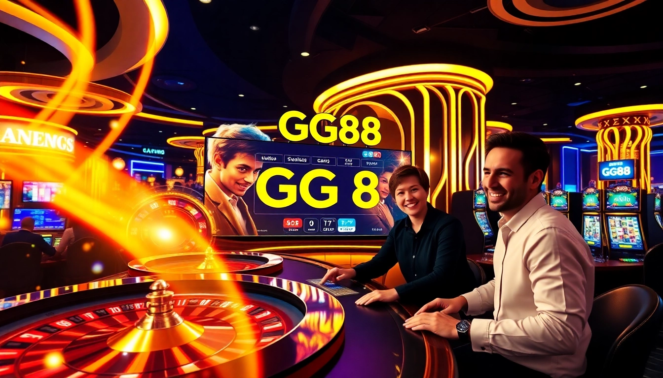 Experience the thrill of gambling with the link vào gg88 showcased in a luxurious casino setting, featuring gaming tables and vibrant screens.