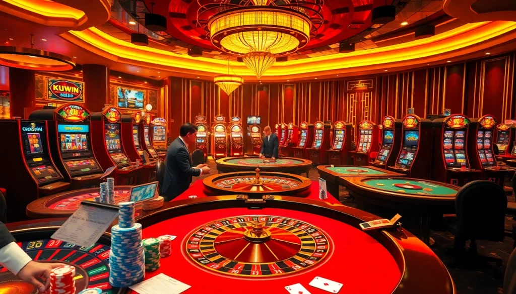 Engaging scene of players at a kuwin casino table with vibrant slot machines and poker chips.