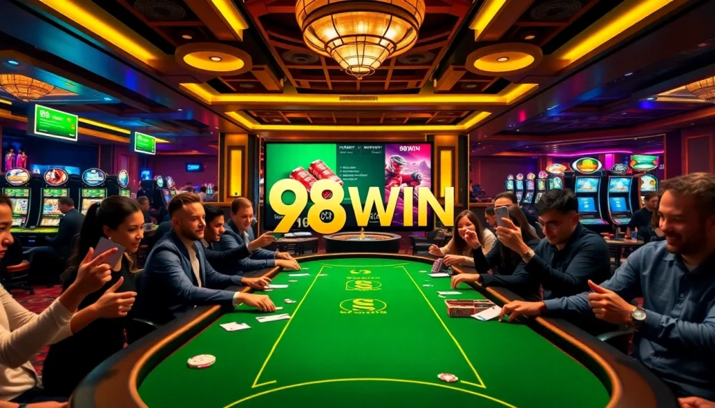 Engaging poker scene at 98WIN casino with players and vibrant gaming atmosphere.