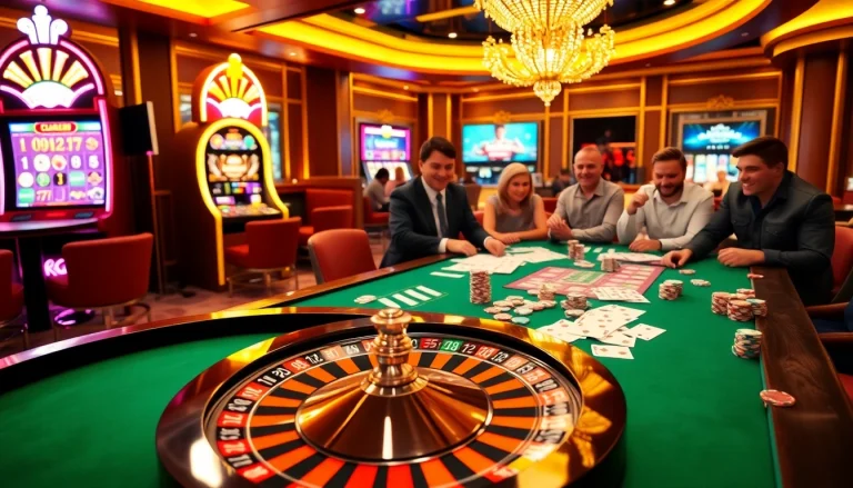 Exciting luck88 online casino scene with roulette, poker, and slot machines in a vibrant setting.