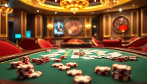 Thrilling poker game at a luxurious casino highlighting kp88 chips and elegant casino decor.