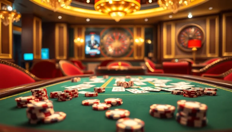 Thrilling poker game at a luxurious casino highlighting kp88 chips and elegant casino decor.