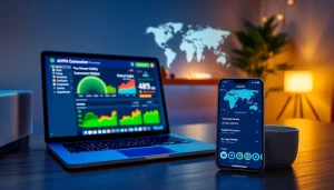 快连VPN 仪表板，展示现代工作空间中的全球无缝连接。