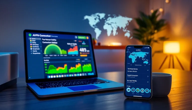 快连VPN 仪表板，展示现代工作空间中的全球无缝连接。