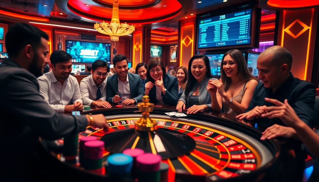28bet players enjoying an exciting poker game at a vibrant casino table with chips and cards.
