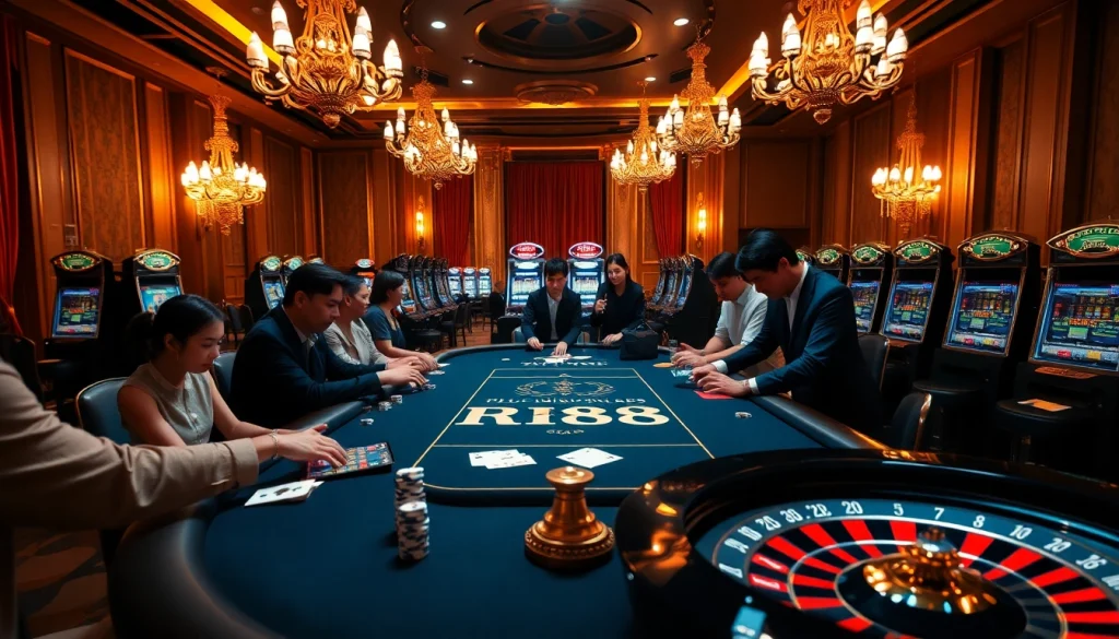 Players engaging at the RR88 poker table amidst a vibrant casino atmosphere.