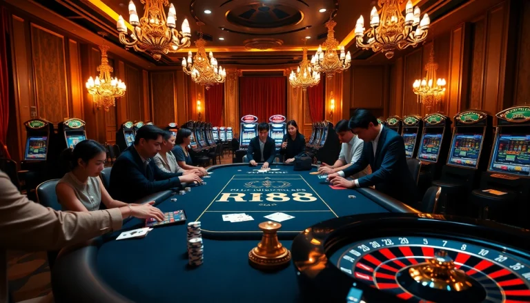 Players engaging at the RR88 poker table amidst a vibrant casino atmosphere.