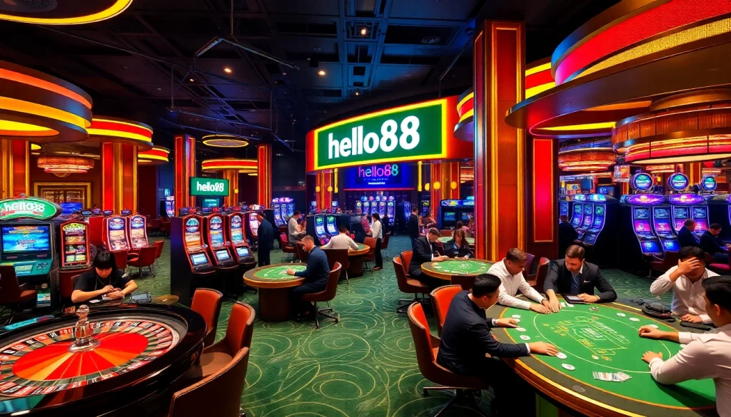 Hello88 themed casino scene showcasing lively gameplay at roulette and poker tables.